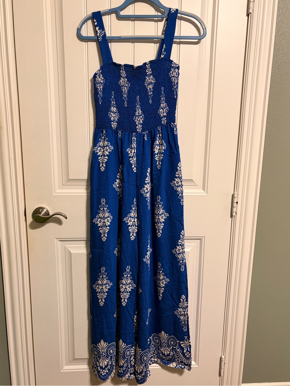 NWOT chicme Royal Blue Maxi Jumper / Jumpsuit with White Print with pockets